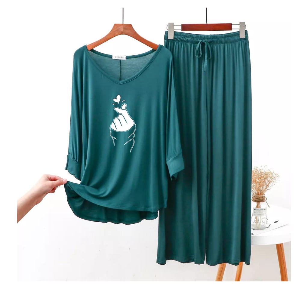 Persian Blue K Pop Heart V-Neck Women Night Suit PJ Set