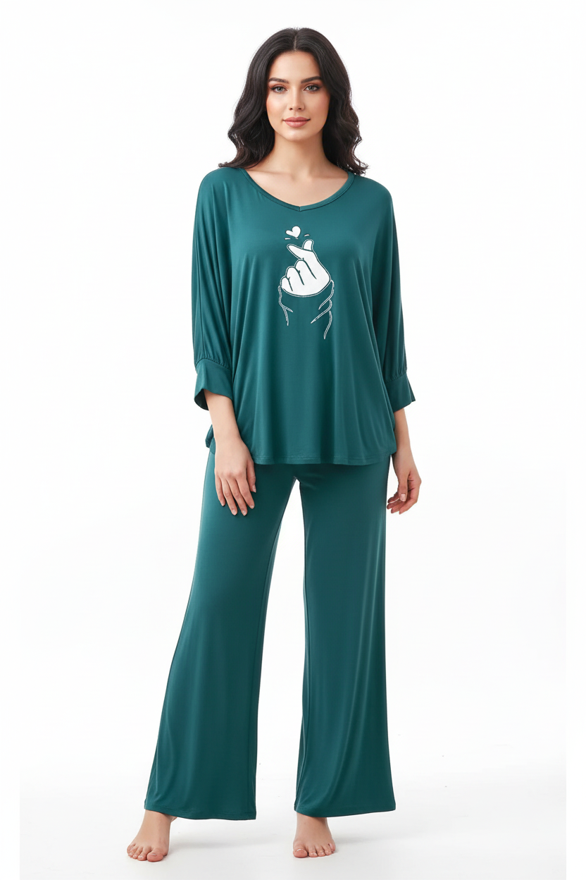 Persian Blue K Pop Heart V-Neck Women Night Suit PJ Set