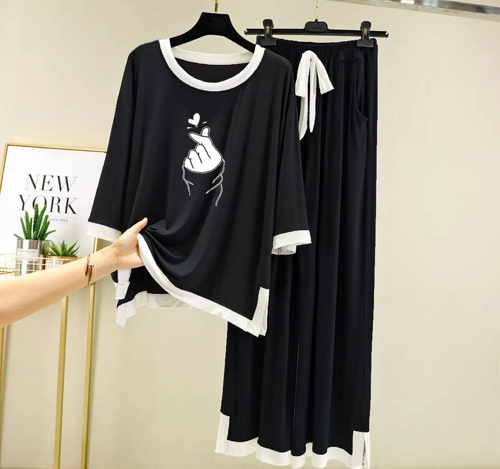 Black K Pop Heart White Round Neck Plazzo PJ Set