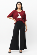 Plain Red K-Pop Heart V Neck T Shirt with Black Plazzo