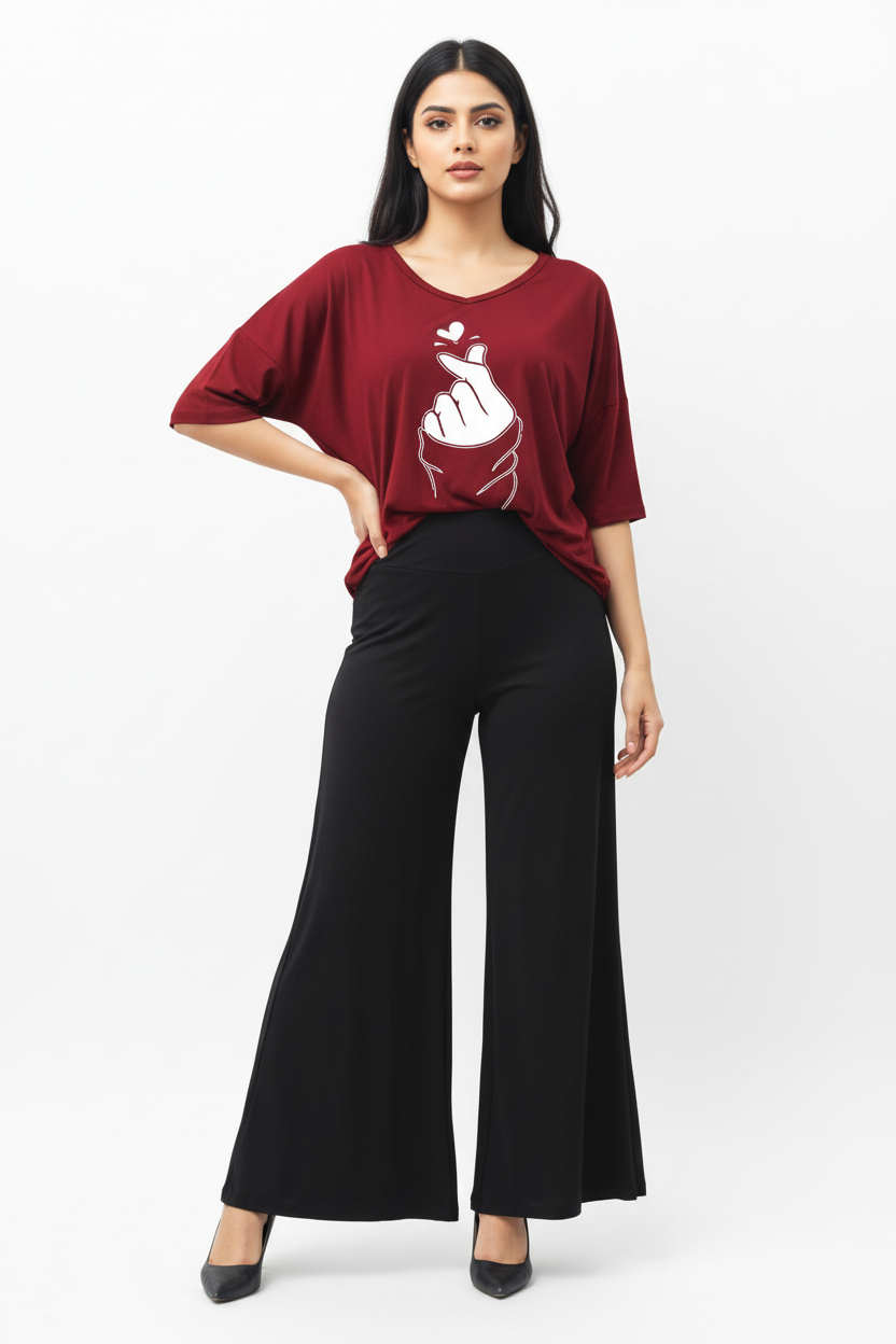 Plain Red K-Pop Heart V Neck T Shirt with Black Plazzo