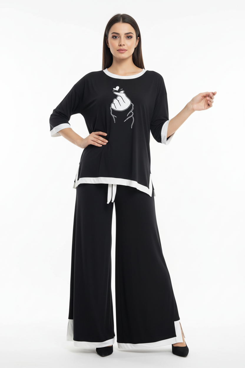 Black K Pop Heart White Round Neck Plazzo PJ Set