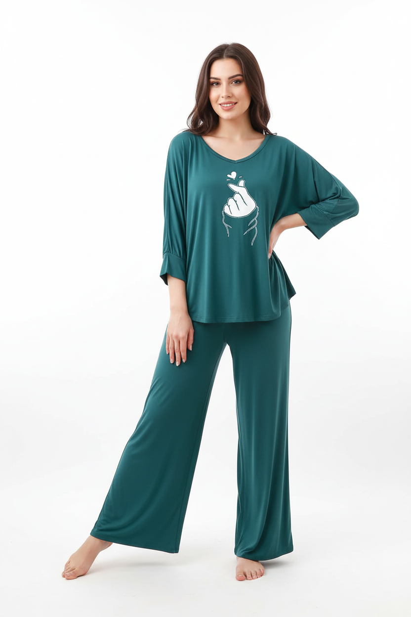 Persian Blue K Pop Heart V-Neck Women Night Suit PJ Set