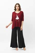 Plain Red K-Pop Heart V Neck T Shirt with Black Plazzo