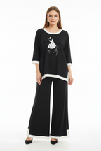 Black K Pop Heart White Round Neck Plazzo PJ Set