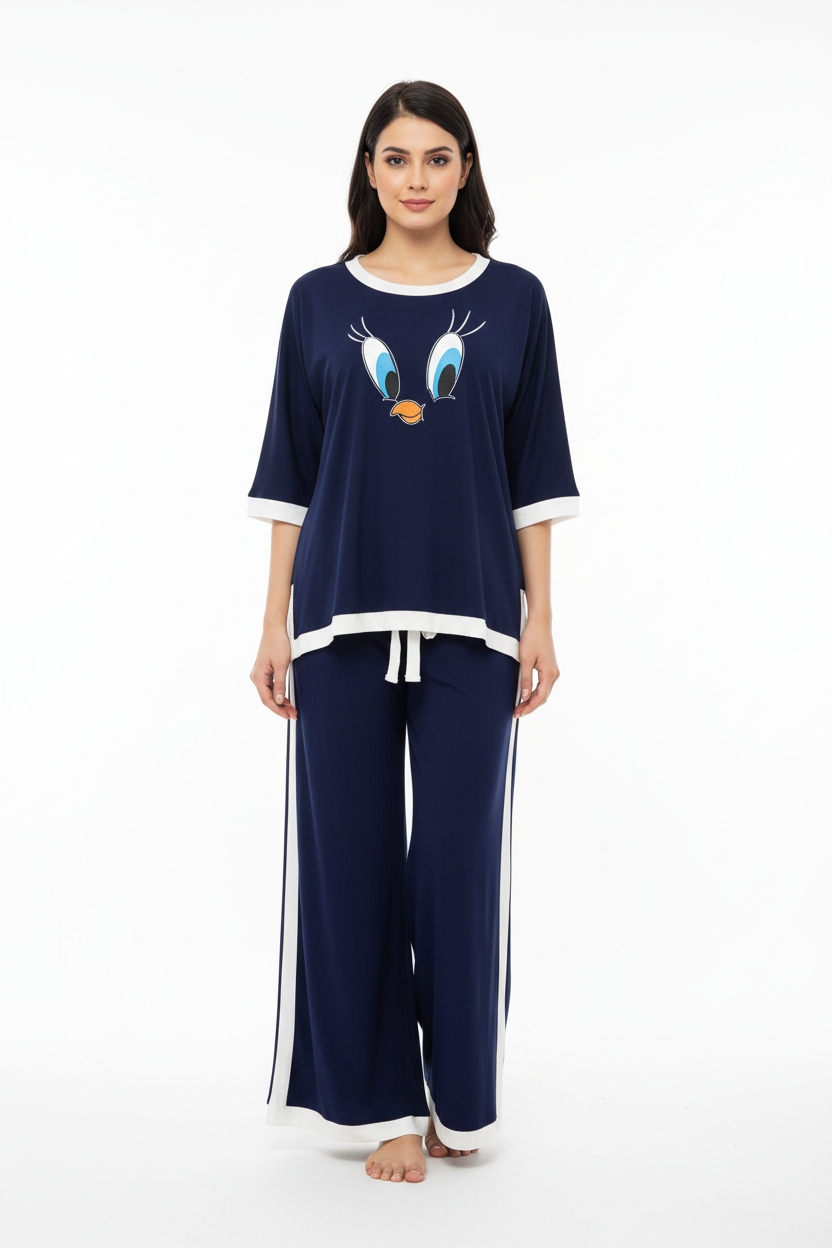 Navy Blue Daffy Duck White Round Neck Plazzo PJ Set