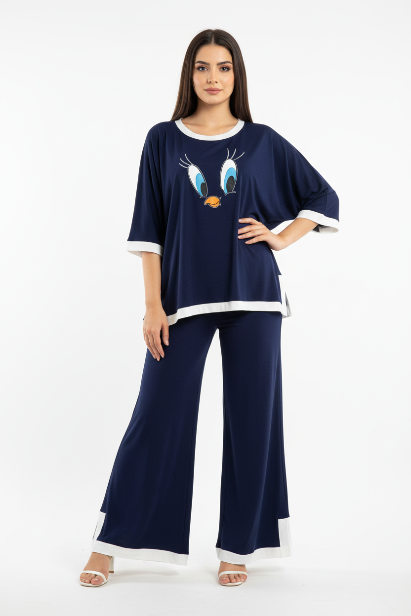 Navy Blue Daffy Duck White Round Neck Plazzo PJ Set