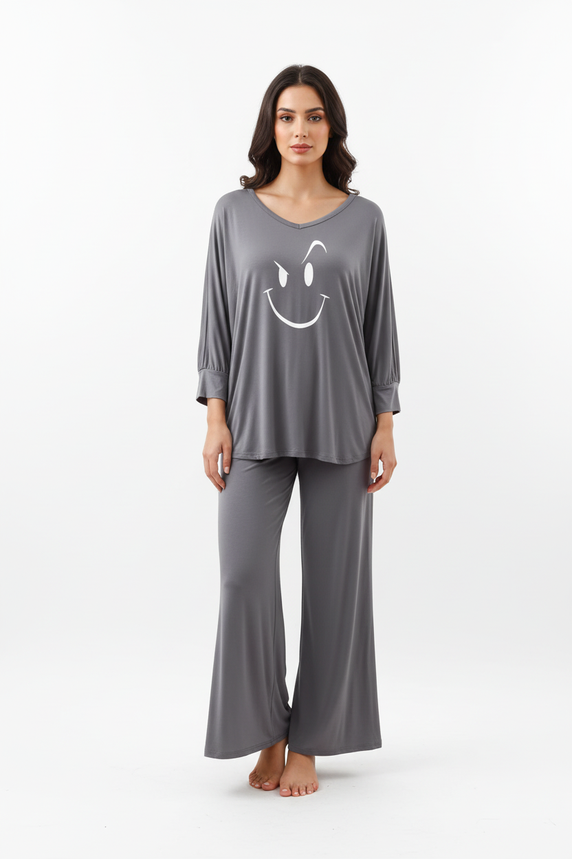 Plain Gray Smiley Face V Neck with Plazzo Pajama Full Sleeves Suit