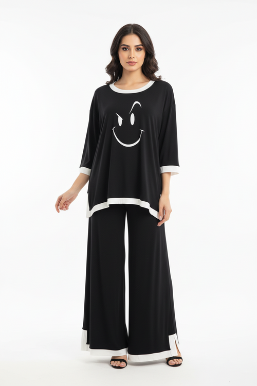 Black Smiley Face White Round Neck Plazzo PJ Set