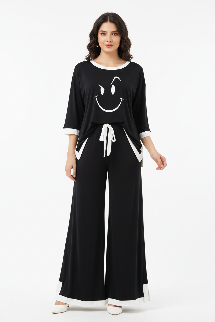 Black Smiley Face White Round Neck Plazzo PJ Set