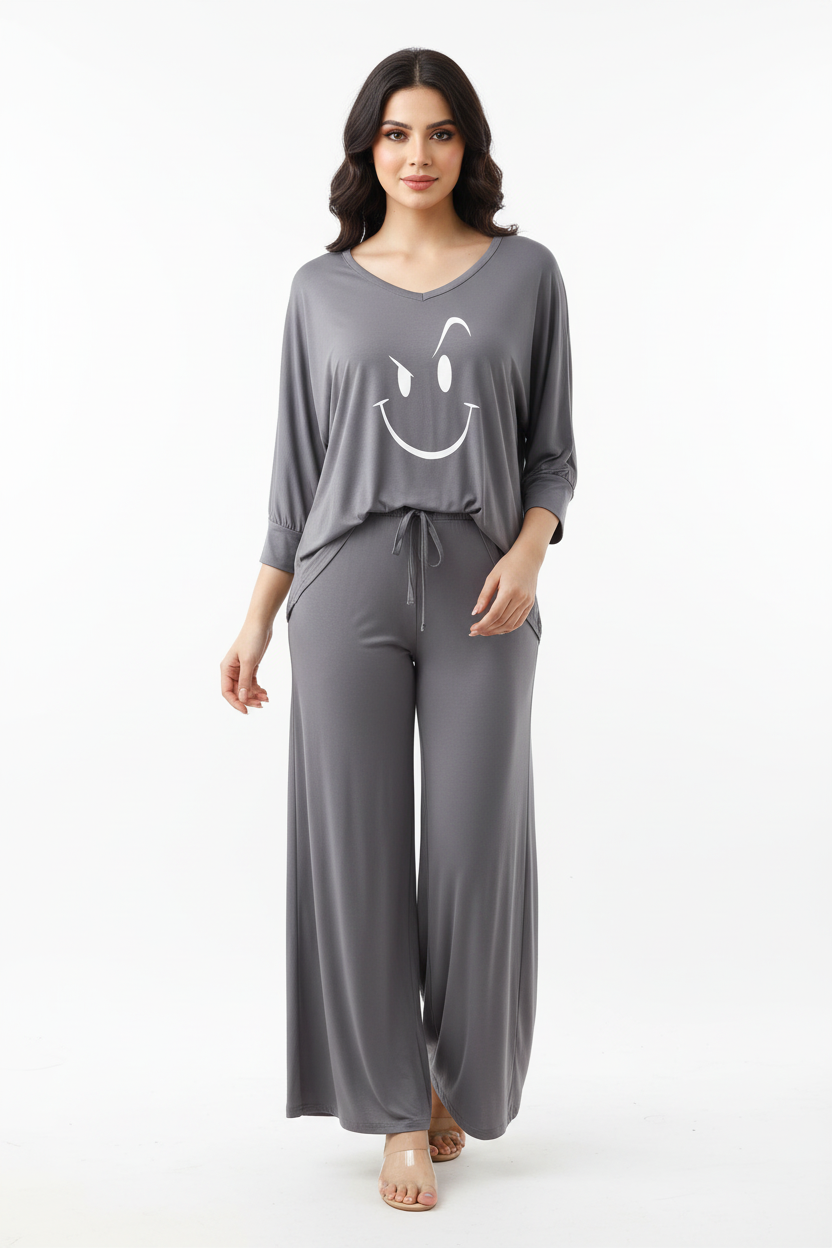 Plain Gray Smiley Face V Neck with Plazzo Pajama Full Sleeves Suit