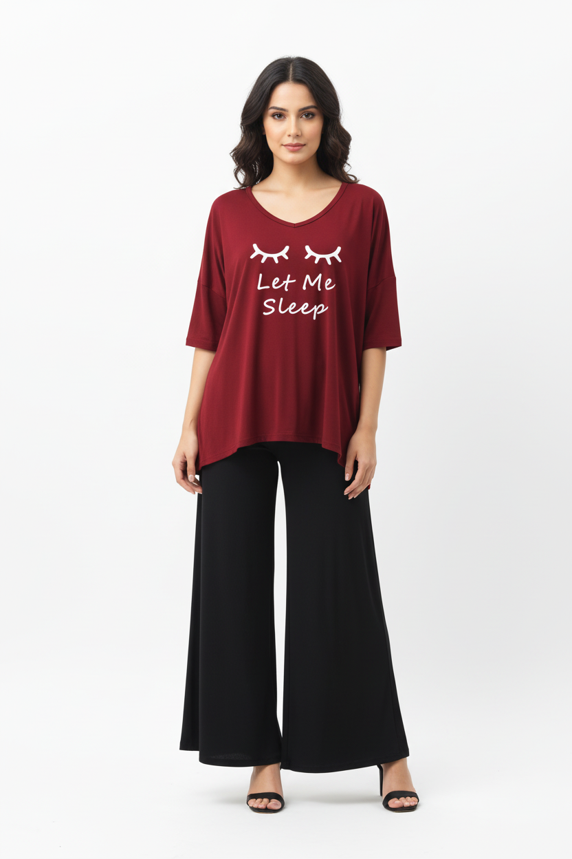 Plain Red let me sleep V Neck T Shirt with Black Plazzo
