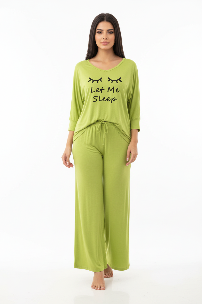 Lemon Green let me Sleep V-Neck Women Night Suit PJ Set
