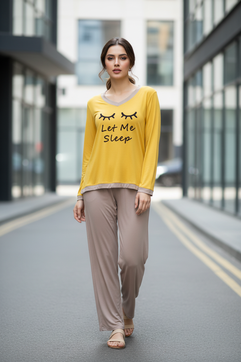 Yellow let me Sleep V-Neck T Shirt with Contrast Trouser PJ Set