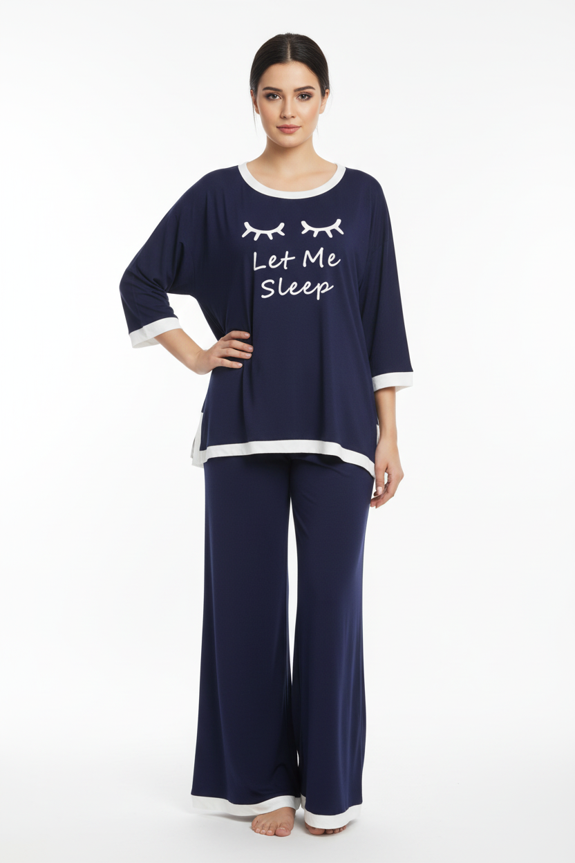 Navy Blue let me sleep White Round Neck Plazzo PJ Set