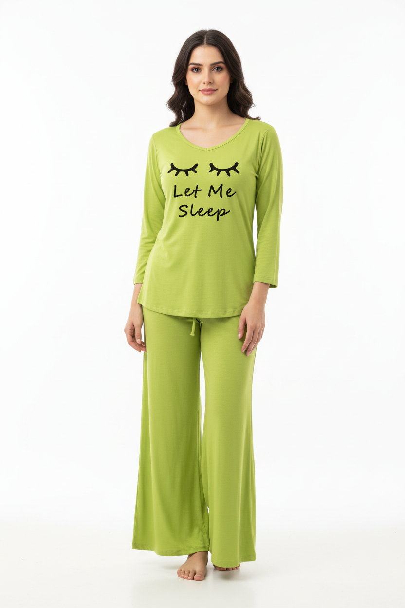 Lemon Green let me Sleep V-Neck Women Night Suit PJ Set