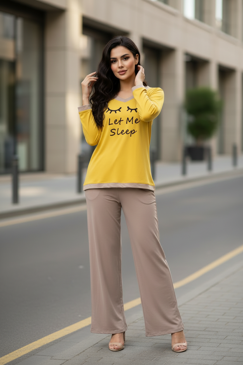 Yellow let me Sleep V-Neck T Shirt with Contrast Trouser PJ Set
