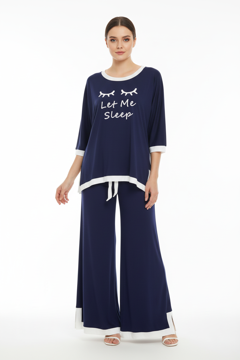 Navy Blue let me sleep White Round Neck Plazzo PJ Set