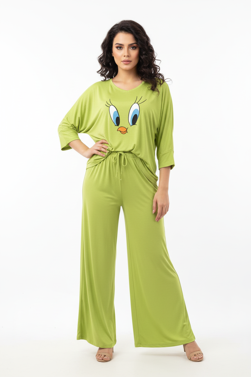 Lemon Green Daffy Duck V-Neck Women Night Suit PJ Set