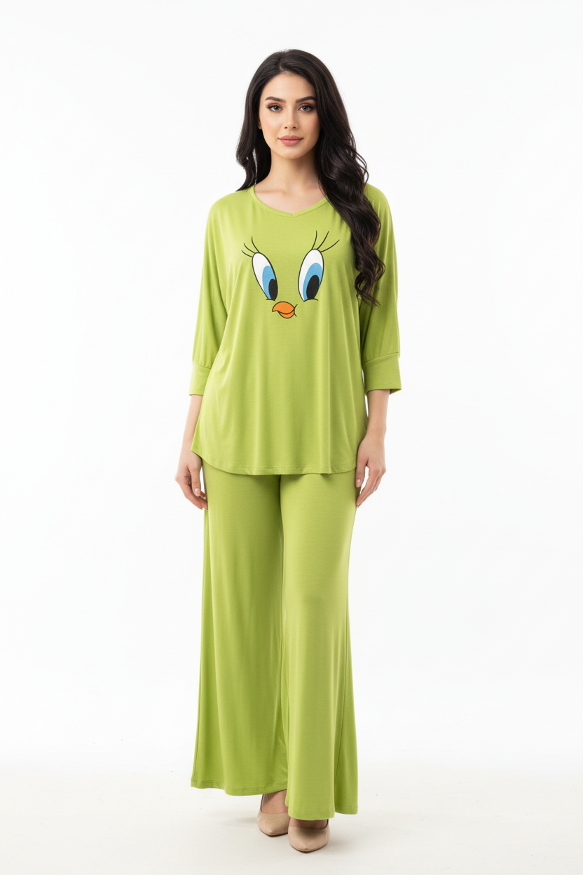 Lemon Green Daffy Duck V-Neck Women Night Suit PJ Set