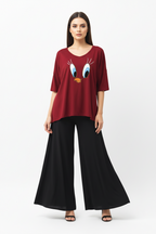 Plain Red Daffy Duck V Neck T Shirt with Black Plazzo