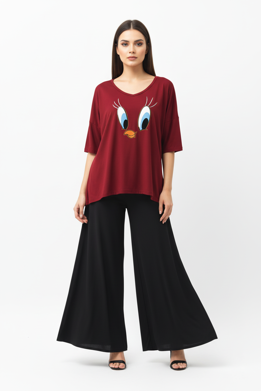 Plain Red Daffy Duck V Neck T Shirt with Black Plazzo