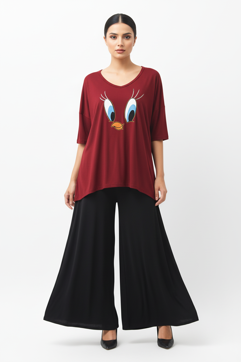 Plain Red Daffy Duck V Neck T Shirt with Black Plazzo