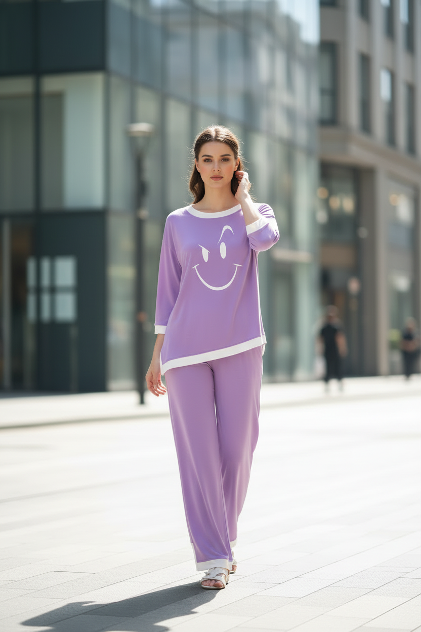 Purple Smiley Face White Round Neck Plazzo PJ Set