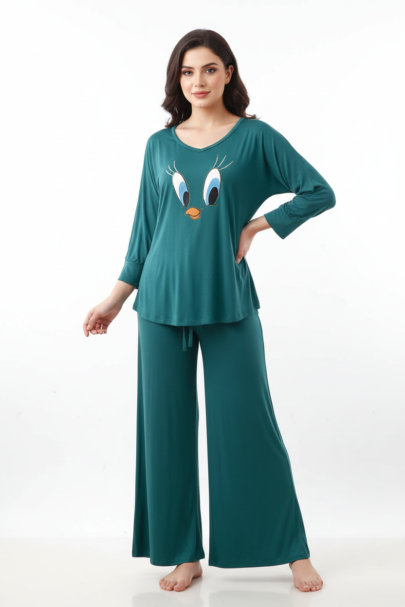 Persian Blue Daffy Duck V-Neck Women Night Suit PJ Set