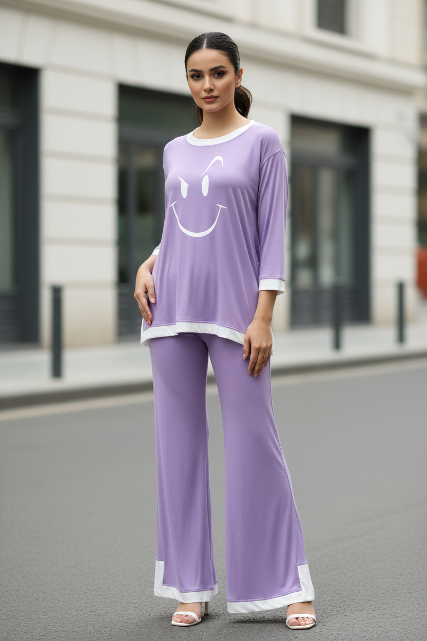 Purple Smiley Face White Round Neck Plazzo PJ Set