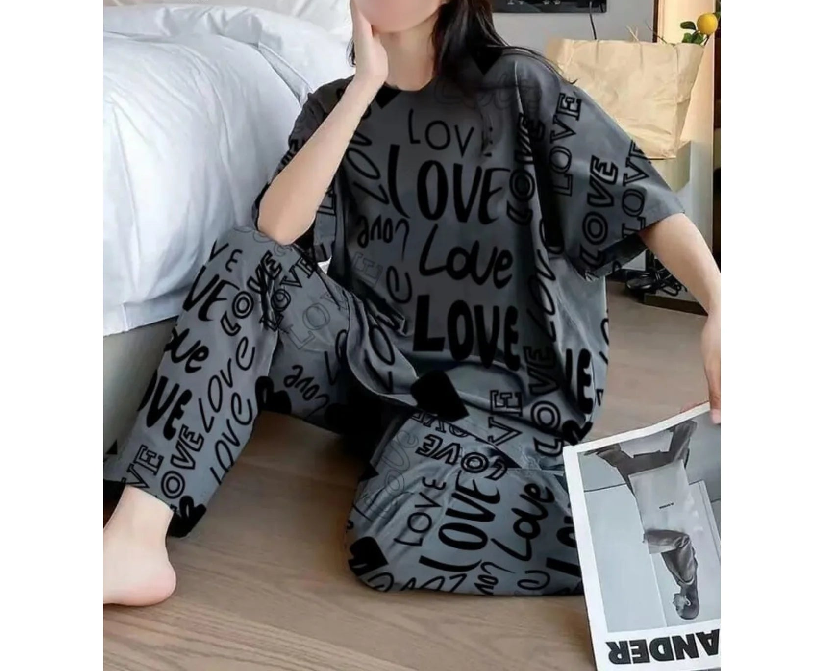 Charcoal Drop Shoulder Printed Night Suit
