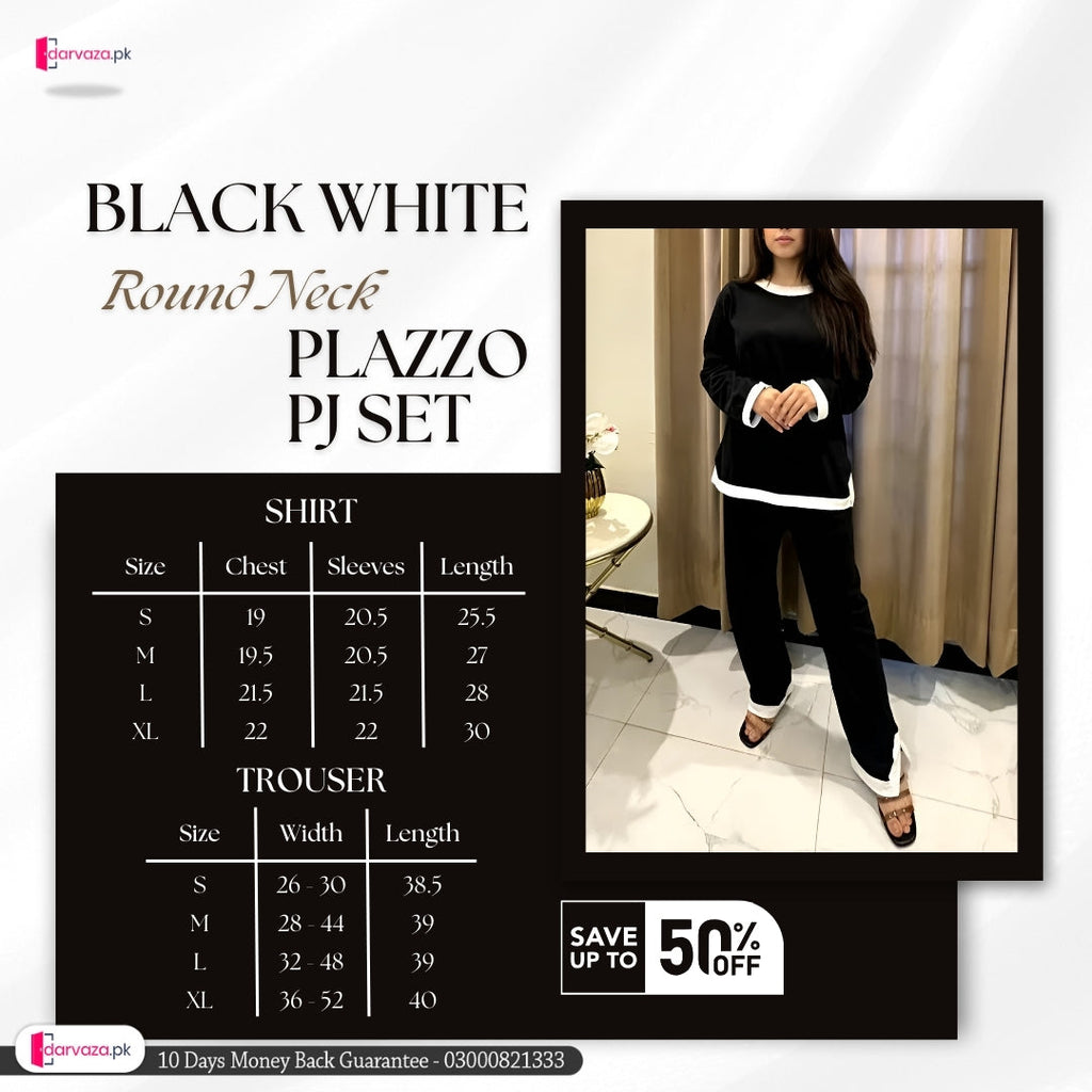 Black White Round Neck Plazzo PJ Set