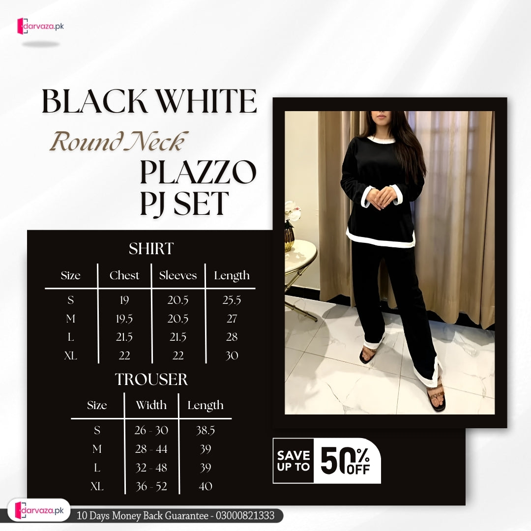 Black White Round Neck Plazzo PJ Set