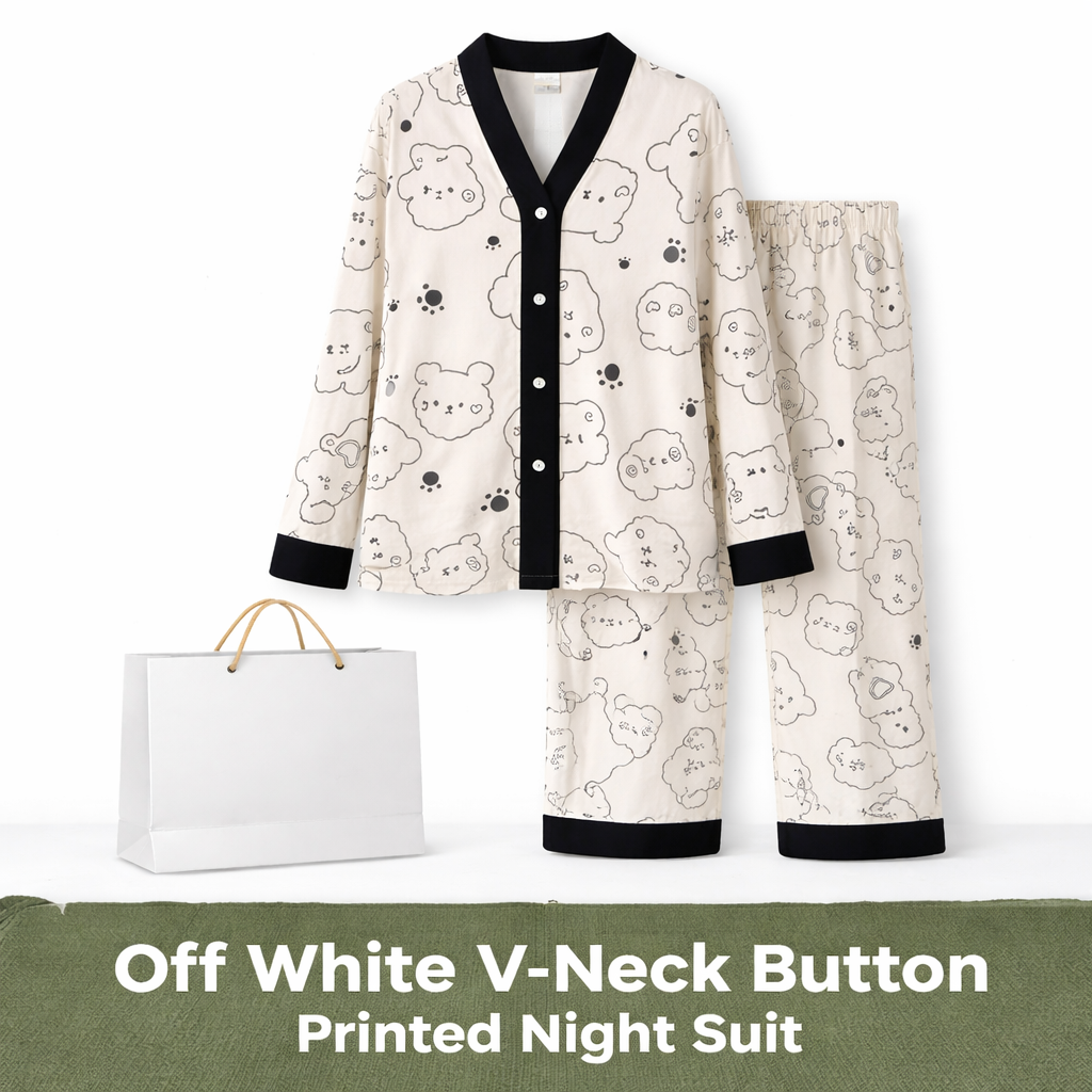Off White V-Neck Button Printed Night Suit for Women – Soft & Comfortable Pajama Set