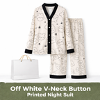 Off White V-Neck Button Printed Night Suit for Women – Soft & Comfortable Pajama Set