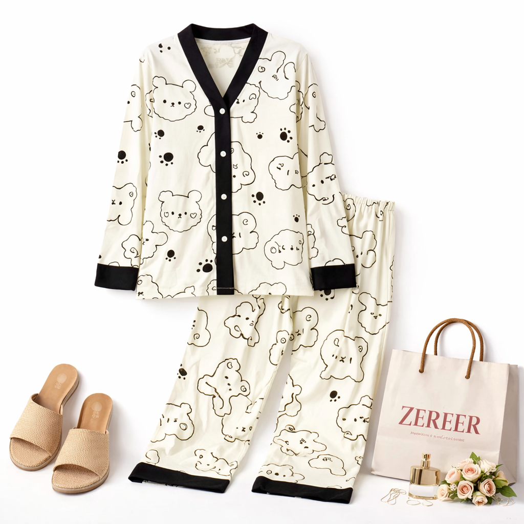 Off White V-Neck Button Printed Night Suit for Women – Soft & Comfortable Pajama Set