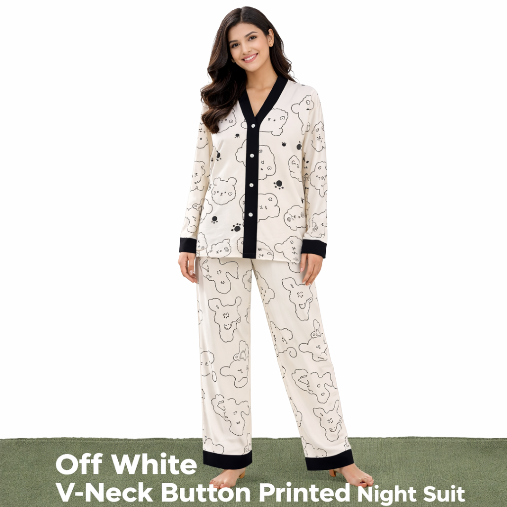 Off White V-Neck Button Printed Night Suit for Women – Soft & Comfortable Pajama Set