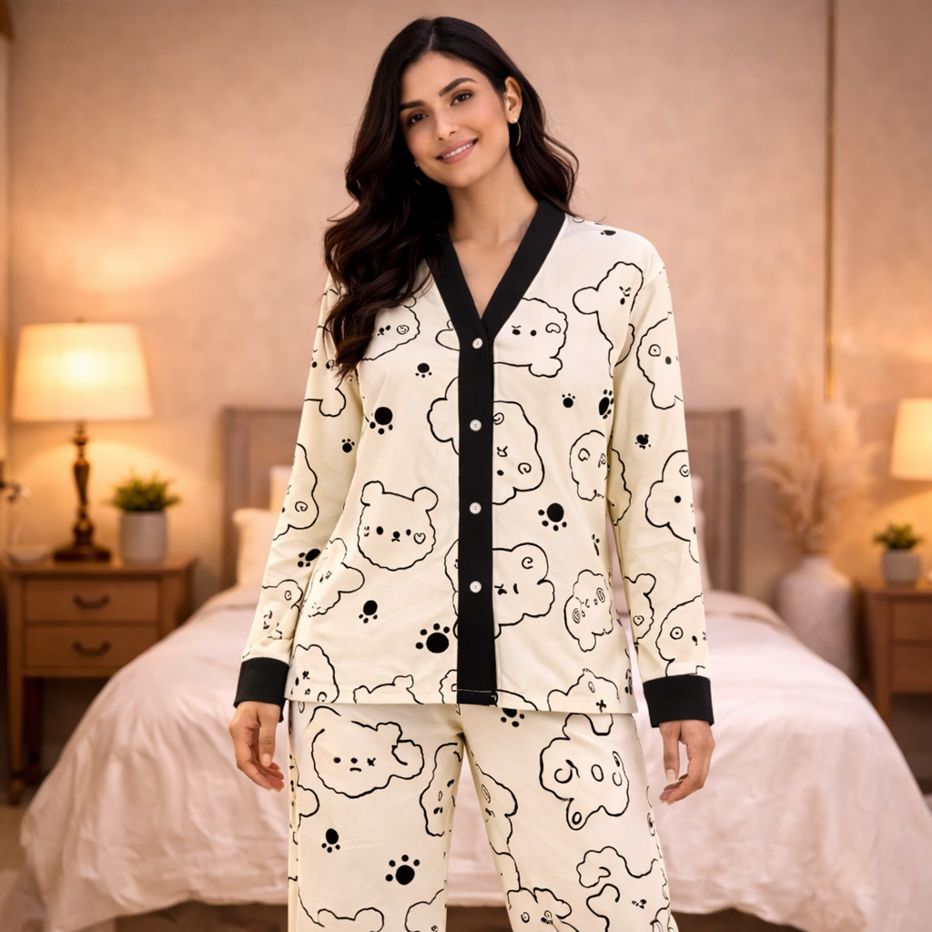 Off White V-Neck Button Printed Night Suit for Women – Soft & Comfortable Pajama Set