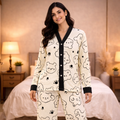 Off White V-Neck Button Printed Night Suit for Women – Soft & Comfortable Pajama Set