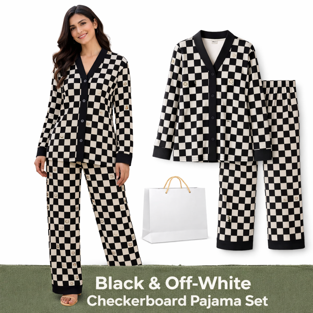Black & White V-Neck Button Printed Night Suit for Women – Stylish Checkerboard Pajama Set