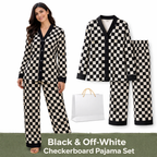 Black & White V-Neck Button Printed Night Suit for Women – Stylish Checkerboard Pajama Set