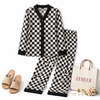 Black & White V-Neck Button Printed Night Suit for Women – Stylish Checkerboard Pajama Set