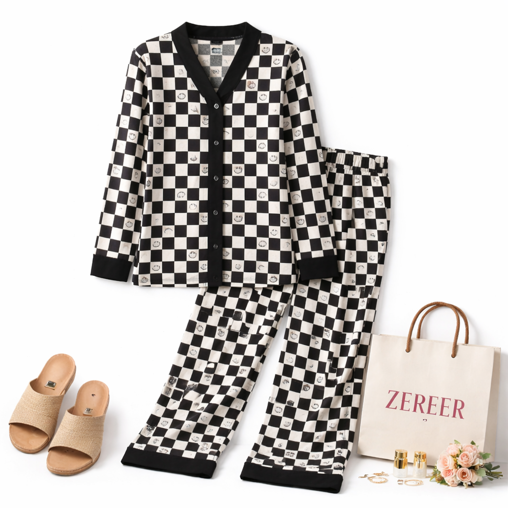 Black & White V-Neck Button Printed Night Suit for Women – Stylish Checkerboard Pajama Set