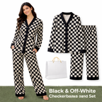 Black & White V-Neck Button Printed Night Suit for Women – Stylish Checkerboard Pajama Set