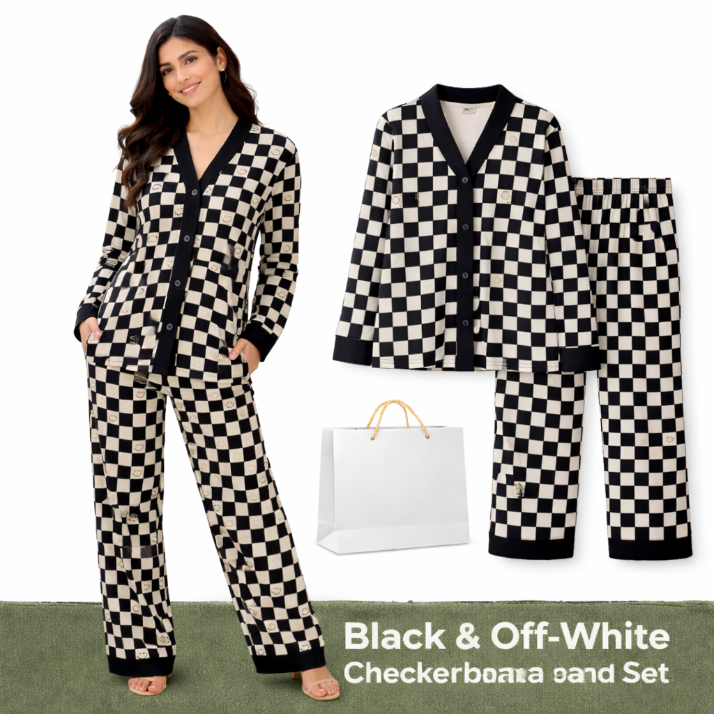 Black & White V-Neck Button Printed Night Suit for Women – Stylish Checkerboard Pajama Set