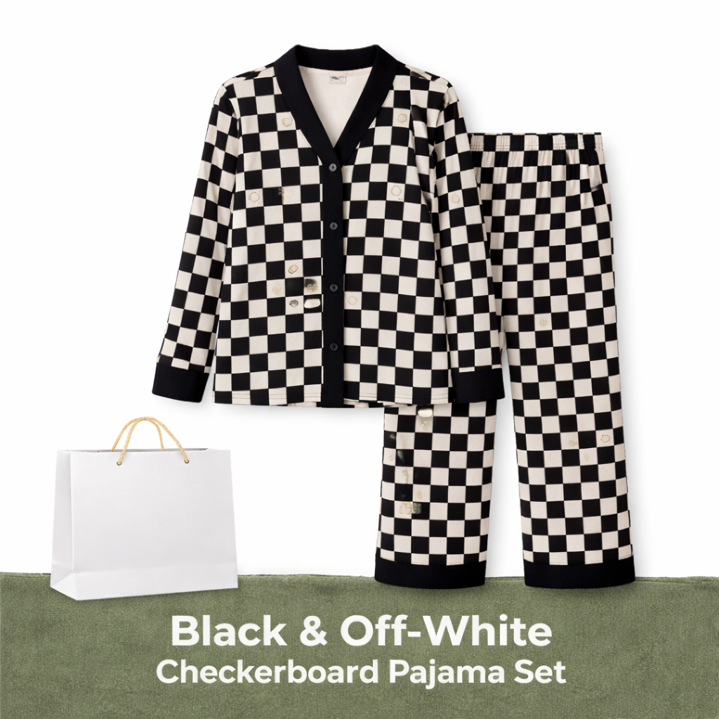 Black & White V-Neck Button Printed Night Suit for Women – Stylish Checkerboard Pajama Set