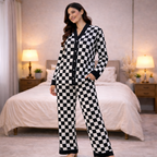 Black & White V-Neck Button Printed Night Suit for Women – Stylish Checkerboard Pajama Set