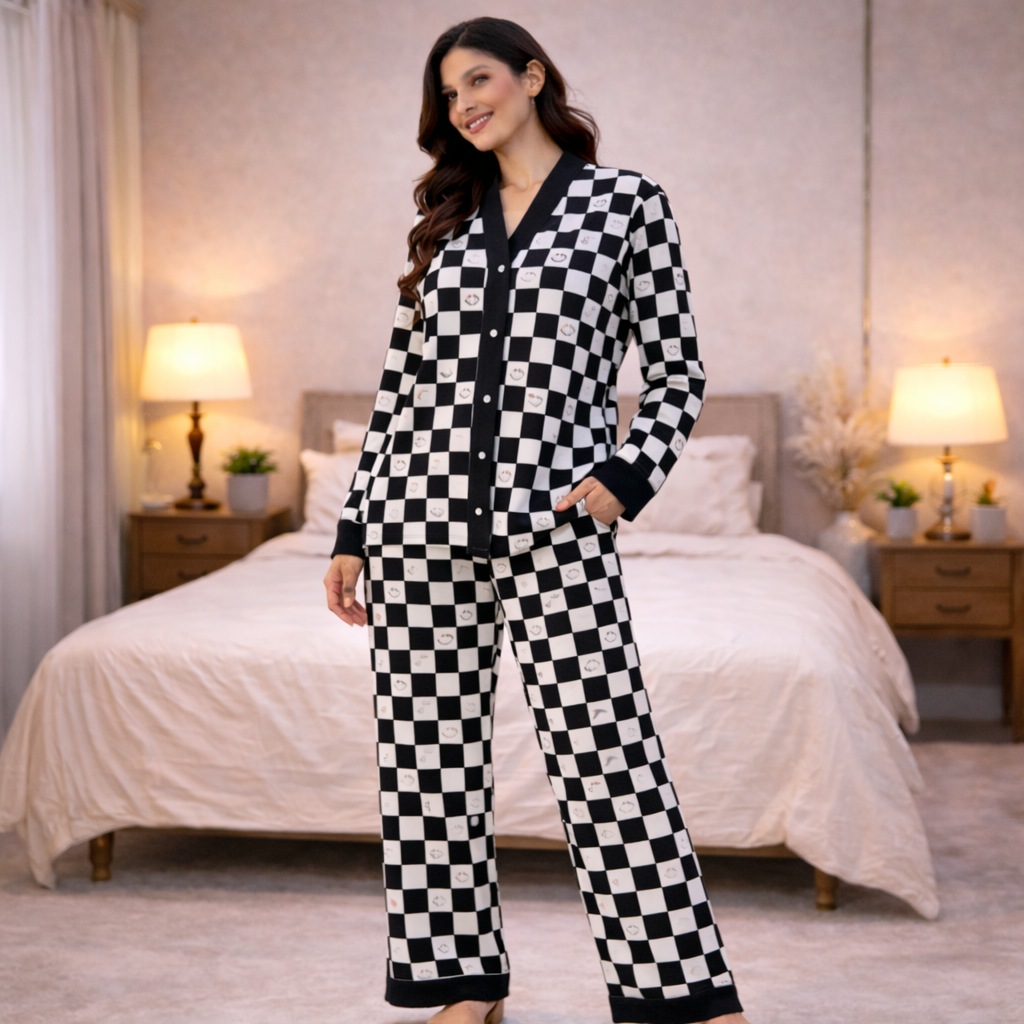 Black & White V-Neck Button Printed Night Suit for Women – Stylish Checkerboard Pajama Set