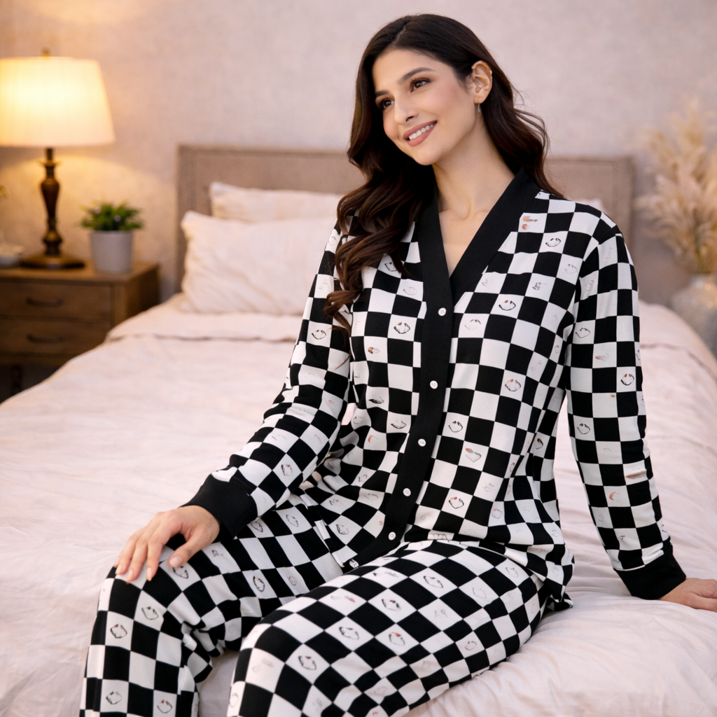 Black & White V-Neck Button Printed Night Suit for Women – Stylish Checkerboard Pajama Set