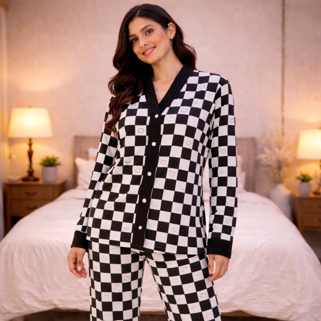 Black & White V-Neck Button Printed Night Suit for Women – Stylish Checkerboard Pajama Set